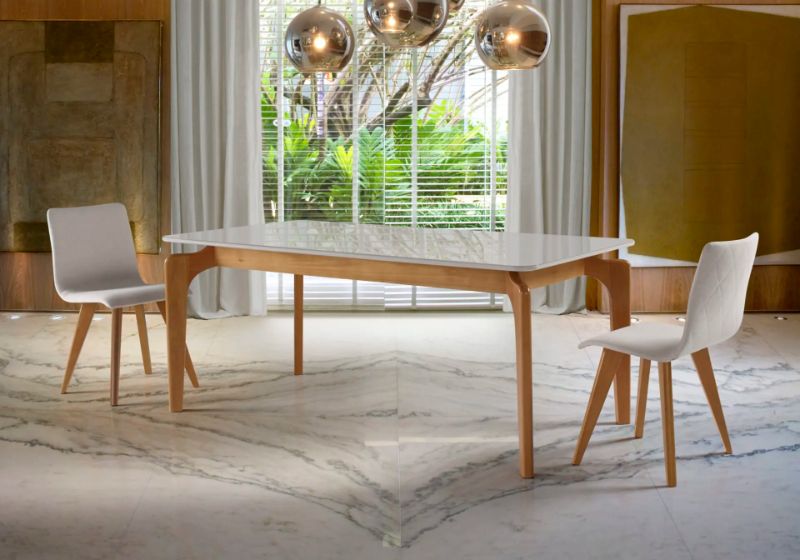 Mesa Safira Tampo de Vidro Retangular (Amêndoa Vidro Off White Canto Reto)